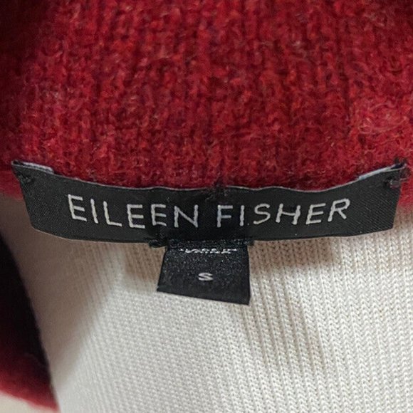 🍎 Eileen Fisher Cardigan Sweater S Red Pockets Mock Neck Hi Low Hem Wool - Picture 8 of 8